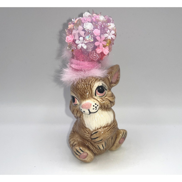Unbranded Other - Vintage Ceramic Sitting Pretty Easter Bunny Poof Faux Fur Flower Hat Deb O. OOAK